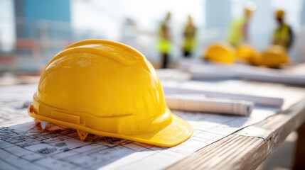 Yellow hard hat on construction plan. Safety equipment for worker. Engineering and architecture concept with blueprint.