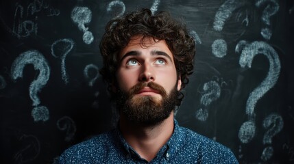 Young man with beard looking up pensively, surrounded by question marks drawn on a blackboard, symbolizing uncertainty and problem solving.