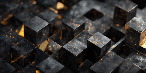 Luxury black cube arrangement with golden reflections