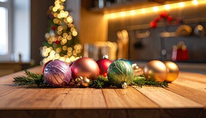 Festive Christmas ornaments and pine branches arranged on a wooden table with a blurred holiday background.