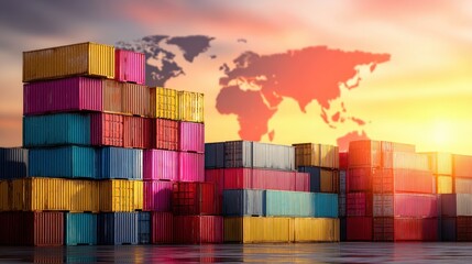 Colorful shipping container stack with world map background. Global logistics and international cargo shipping concept for business trade.