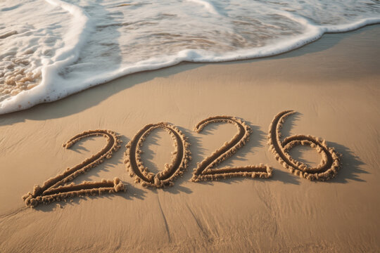 The year 2026 written in the sand on a beach with ocean waves washing ashore symbolizing the upcoming new year and future plans