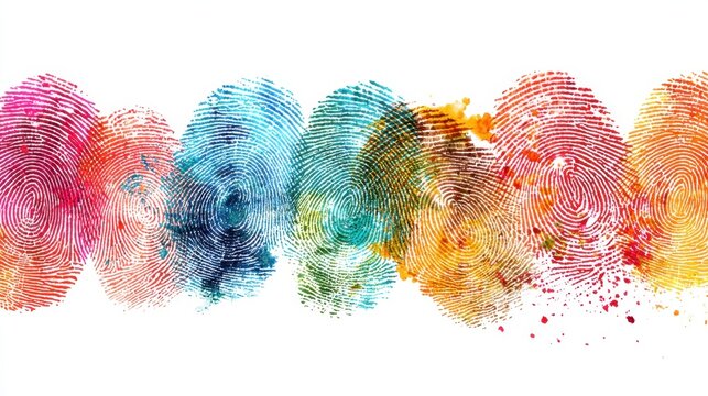 Colorful watercolor fingerprint pattern on white background. Diversity and individuality concept for poster or banner design.