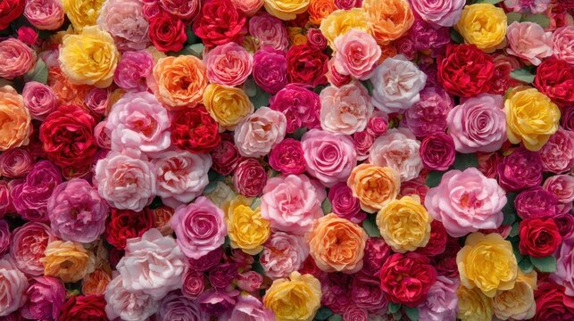 Beautiful full frame background of colorful rose flower head creating a vibrant pattern. Natural bloom for greeting card or spring event.
