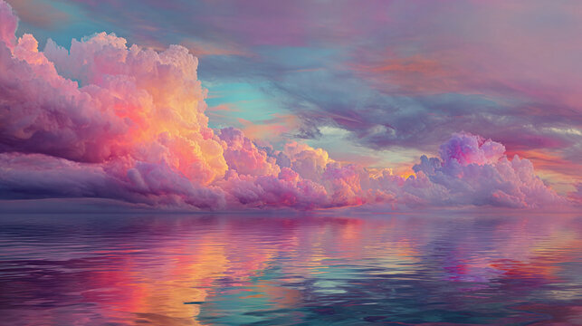 A breathtaking panorama of clouds reflecting on the water's surface, creating a dreamy, ethereal scene
