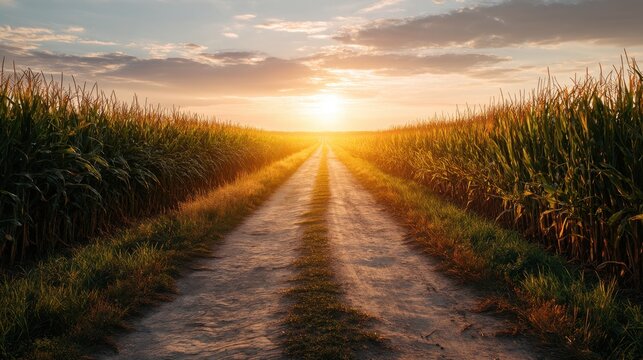 Empty dirt road through a tall corn field at sunset symbolizing journey and agricultural landscape with golden light.