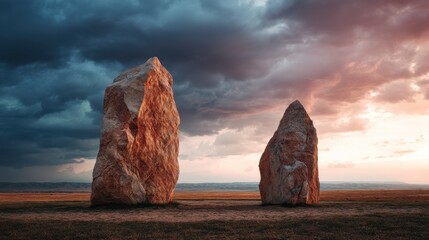 Two ancient standing stone monoliths in a field under a dramatic sky with dark storm clouds and a colorful sunset concept for strength or history.