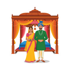 Traditional South Indian Wedding Couple with Decorative Mandap Stage &ndash; Vector Illustration