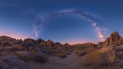 Obraz premium Milky Way arc over desert rock formation. Night sky landscape with stars and galaxy for nature background. Astronomical display for wallpaper.