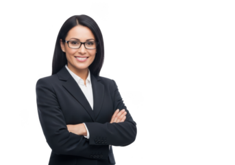 Professional woman wearing eyeglasses and a dark suit with arms crossed smiling confidently isolated on transparent background