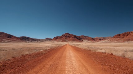 Naklejka premium Empty red dirt road leading to a distant mountain range in a vast arid landscape under a clear blue sky, symbolizing journey and exploration.