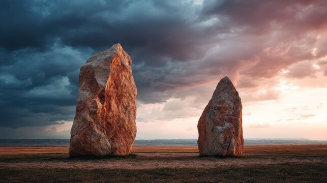 Two ancient standing stone monoliths in a field under a dramatic sky with dark storm clouds and a colorful sunset concept for strength or history.
