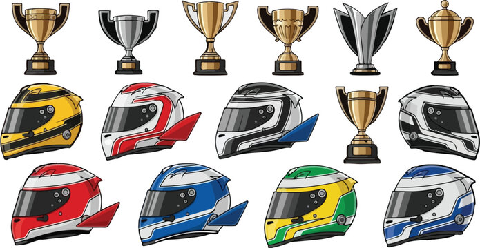 Vector set of various colored racing helmets and championship gold trophies isolated