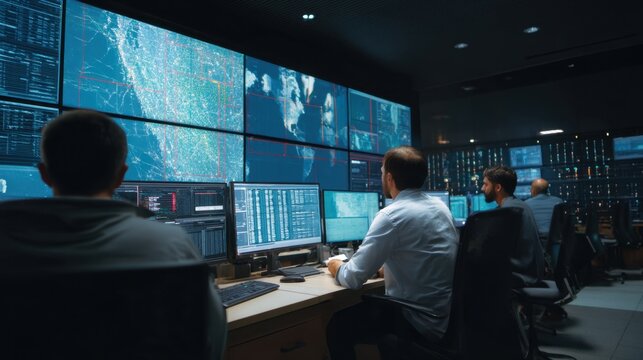 Man in control room monitoring multiple screens with data visualization. Cyber security, network operations, and modern technology concept for data analysis.