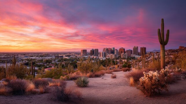Pink and orange sunset over a city skyline with desert landscape in the foreground. Urban development meets desert nature. Travel destination.