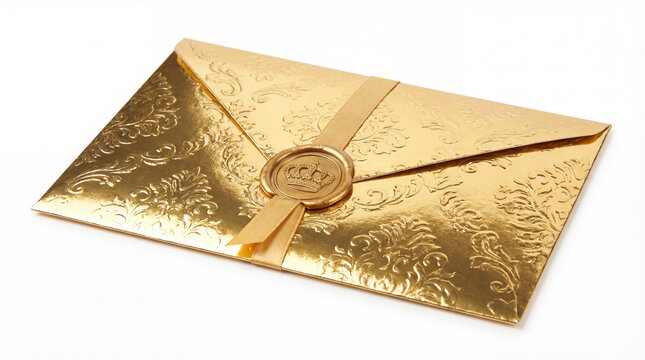 Golden envelope with embossed pattern sealed by a ribbon and wax seal on a white background
