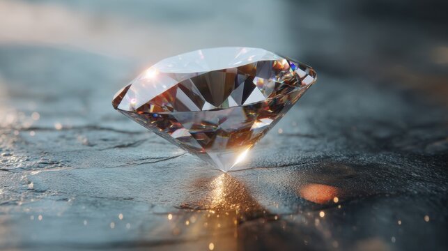 Clear diamond with bright light and reflections on a dark, textured surface. Luxury jewel concept for engagement and jewelry design.
