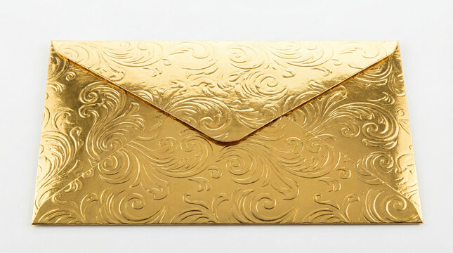 Golden envelope with embossed pattern sealed by a ribbon and wax seal on a white background