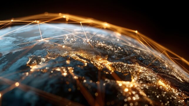 Global network connection over lighted earth. Data, internet, and communication for worldwide business. Technology future background.