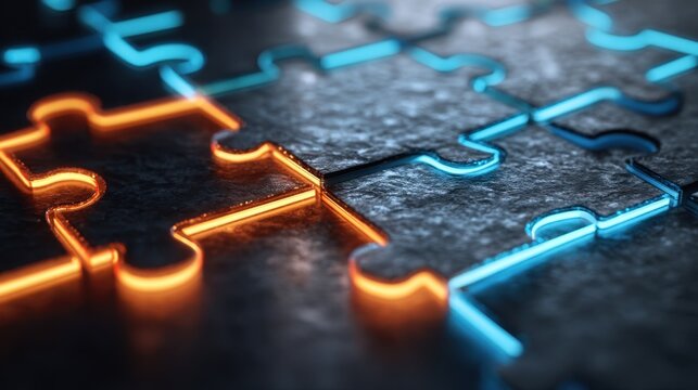 Glowing puzzle pieces with one orange and many blue connecting on a dark textured surface. Problem solving and collaboration concept for business solutions. - Powered by Adobe