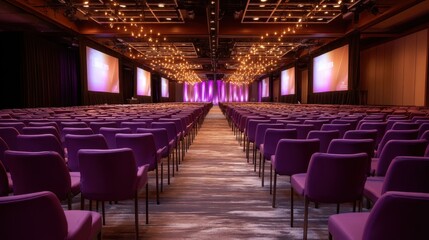 Empty large conference hall ready for presentation or event. Rows of purple chairs in a corporate meeting room. Modern auditorium interior for seminar.
