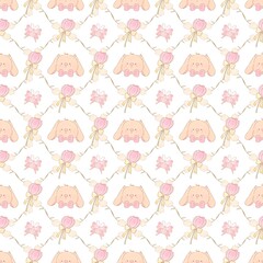 A cute pastel coquette seamless pattern featuring soft ribbons, bows, hearts, and delicate decorative elements. Perfect for gift wrapping, scrapbook paper, stationery design, textile prints, and girly
