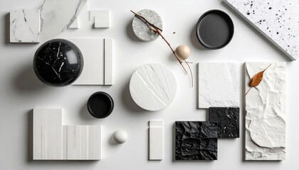 Modern abstract composition of black and white geometric shapes and textures against a clean white background featuring scattered natural elements and minimalist decor