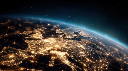 Earth with illuminated city lights and connecting lines over Europe. Global network and international communication concept for worldwide connection.