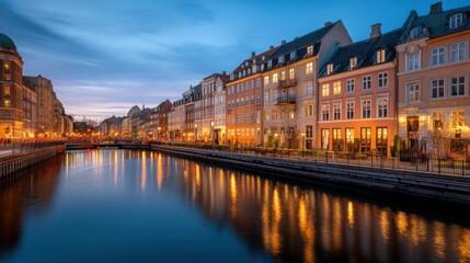 Obraz premium Colorful buildings along waterfront canal at dusk. Illuminated cityscape view reflecting over calm water. European urban travel scene.