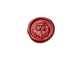 Red wax seal stamp featuring Santa Claus face with beard holiday decoration vintage style, isolated on a transparent background