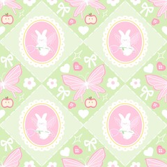A cute pastel coquette seamless pattern featuring soft ribbons, bows, hearts, and delicate decorative elements. Perfect for gift wrapping, scrapbook paper, stationery design, textile prints, and girly
