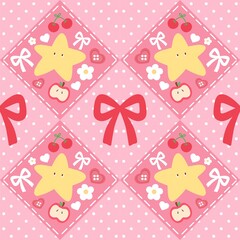 A cute pastel coquette seamless pattern featuring soft ribbons, bows, hearts, and delicate decorative elements. Perfect for gift wrapping, scrapbook paper, stationery design, textile prints, and girly