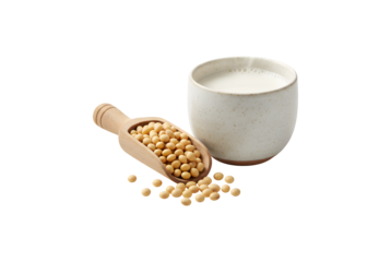 A wooden scoop filled with soybeans and a ceramic cup of soy milk, all set against a white background. It's all about healthy drinks!

