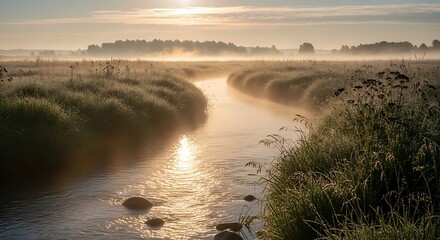 Golden sunrise light over a misty river winding through a meadow.