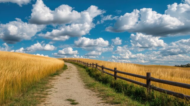 Dirt path winding through golden summer field under blue sky with fluffy white cloud. Rural landscape for travel and nature concept.