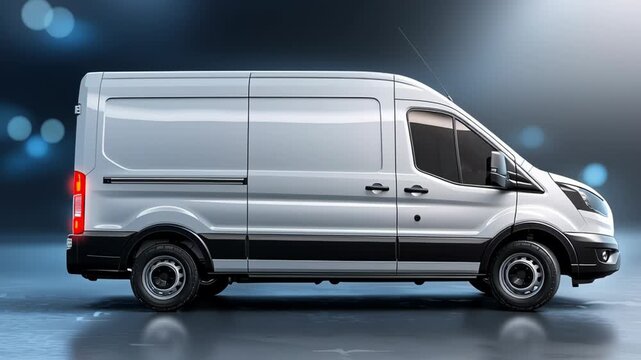 The tall white commercial van is shown under controlled studio lighting, with the camera lightly panning around its rear and sides, revealing smooth contours and clean exterior surfaces.