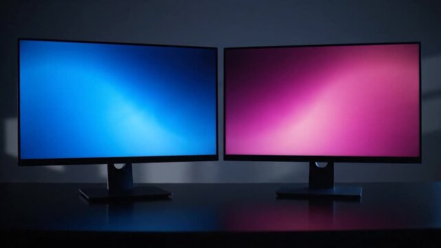 Two monitors with abstract wallpapers, blue and pink, sit on a dark surface