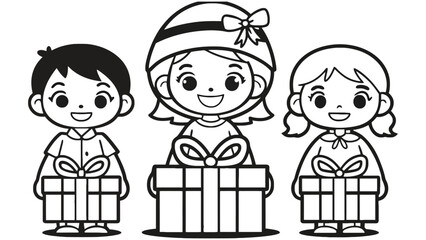 Three cartoon children holding christmas gifts in black and white line