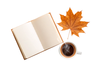 Open book autumn maple leaf coffee cup cozy reading fall season warm beverage, isolated on a transparent background