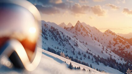 Ski masks rest on textured snow while a reflective lens reveals a vibrant mountain landscape at sunset, while the camera pans slightly to highlight the wintery outdoors and crisp details of the gear.