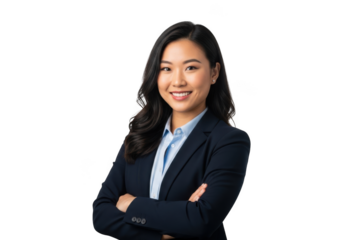 Professional asian woman with glasses smiling confidently with arms crossed isolated on transparent background