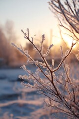 Obraz premium Beautiful winter morning nature landscape close up of hoarfrost covered tree branches glittering in golden sunrise light and frosty air tranquil seasonal background