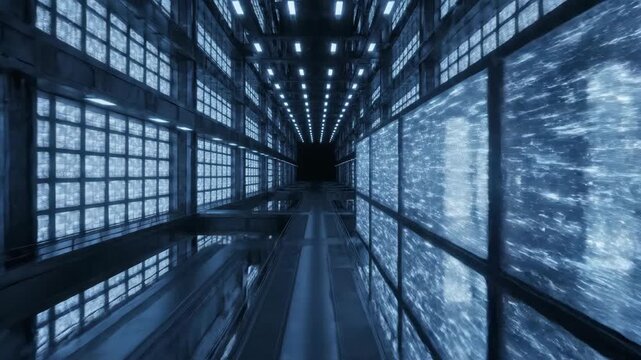 Digital Prison Block Cells Panning Vertically in Sci Fi Atmosphere
