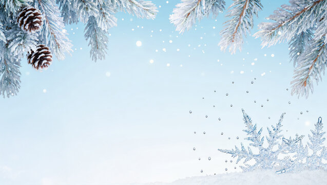 Christmas winter background with snowy fir branches, pine cones and ice crystal snowflake on soft blue sky. Seasonal frosty holiday design.