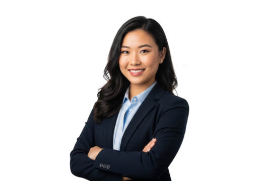 Professional asian woman with glasses smiling confidently with arms crossed isolated on transparent background
