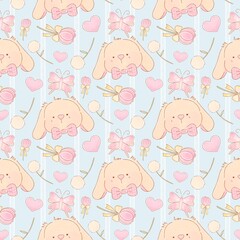 A cute pastel coquette seamless pattern featuring soft ribbons, bows, hearts, and delicate decorative elements. Perfect for gift wrapping, scrapbook paper, stationery design, textile prints, and girly