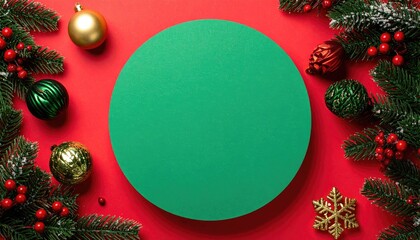 Festive Christmas holiday background with green circle for copy space and decorations.