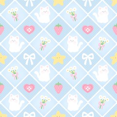 A cute pastel coquette seamless pattern featuring soft ribbons, bows, hearts, and delicate decorative elements. Perfect for gift wrapping, scrapbook paper, stationery design, textile prints, and girly