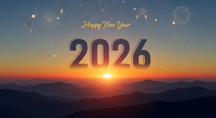 Happy new year 2026 celebration banner with dazzling fireworks illuminating a majestic mountain sunrise landscape.