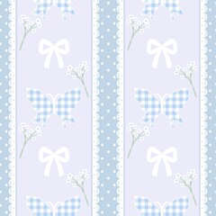 A cute pastel coquette seamless pattern featuring soft ribbons, bows, hearts, and delicate decorative elements. Perfect for gift wrapping, scrapbook paper, stationery design, textile prints, and girly